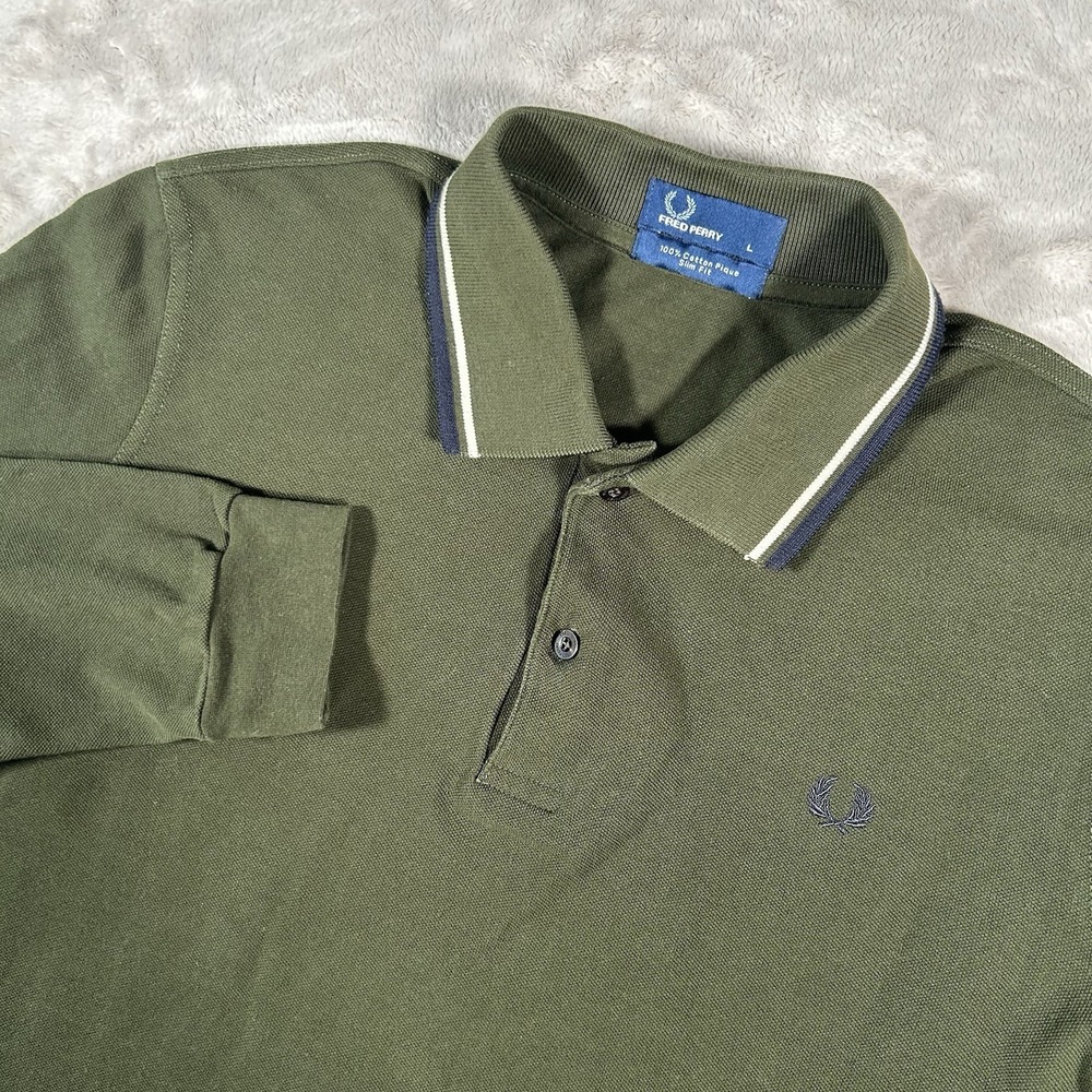 VTG Fred Perry Twin Tipped Polo Shirt Men L Green Navy Blue Golf Long Sleeve EUC